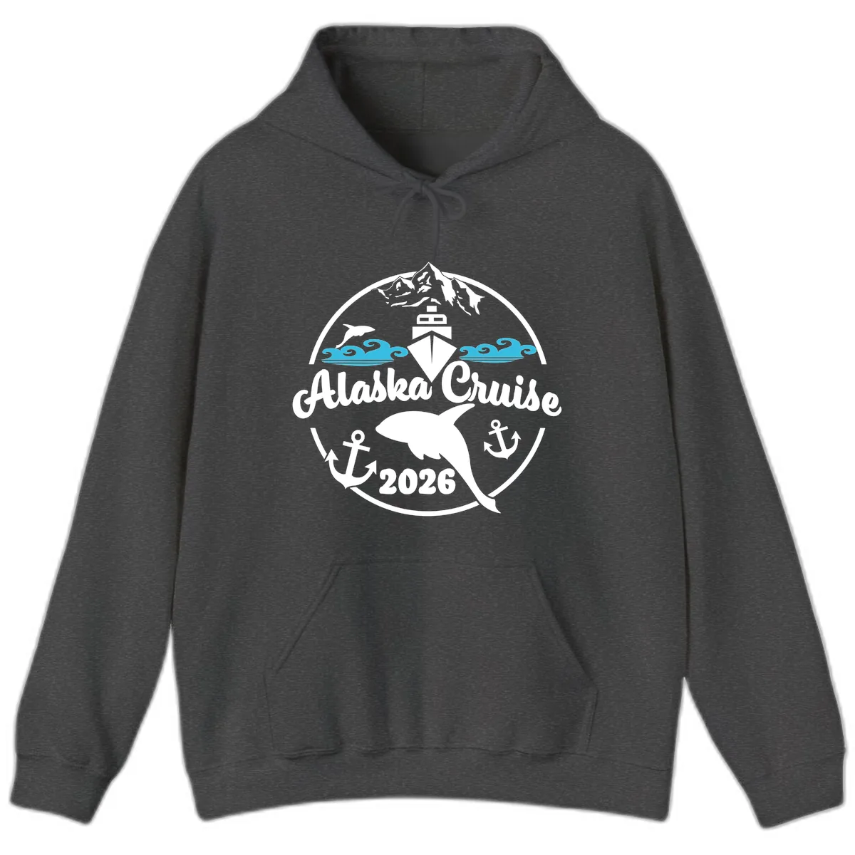 Stylized Blue Swirling Ocean Waves Graphic Hoodie in Dark Heather