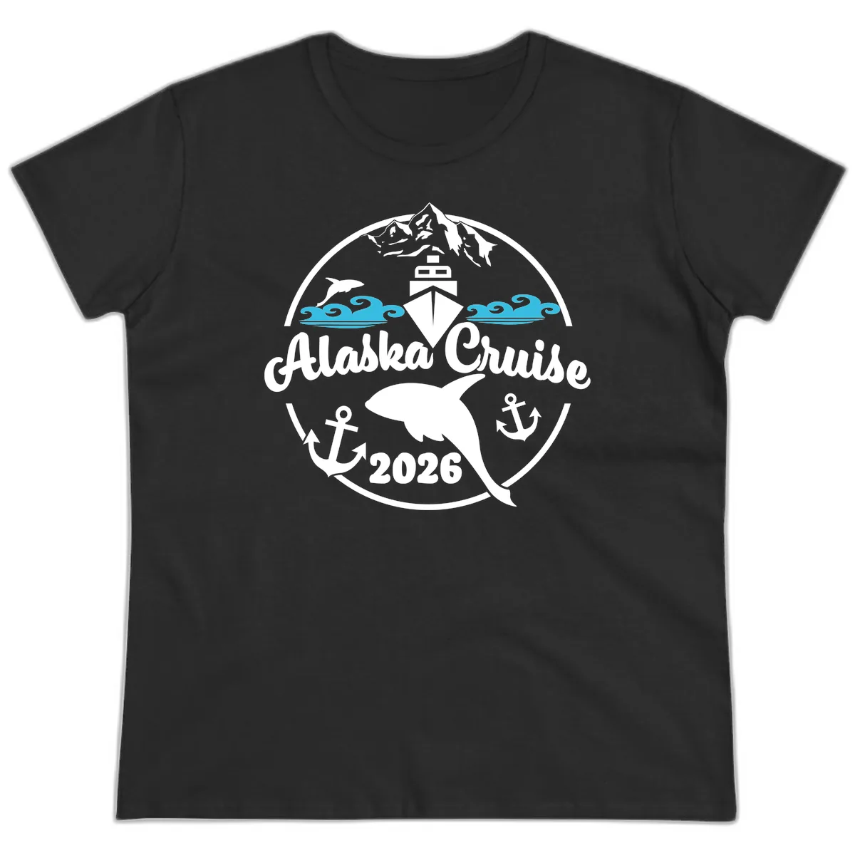 Stylized Blue Swirling Ocean Waves Graphic Ladies Tee in Black