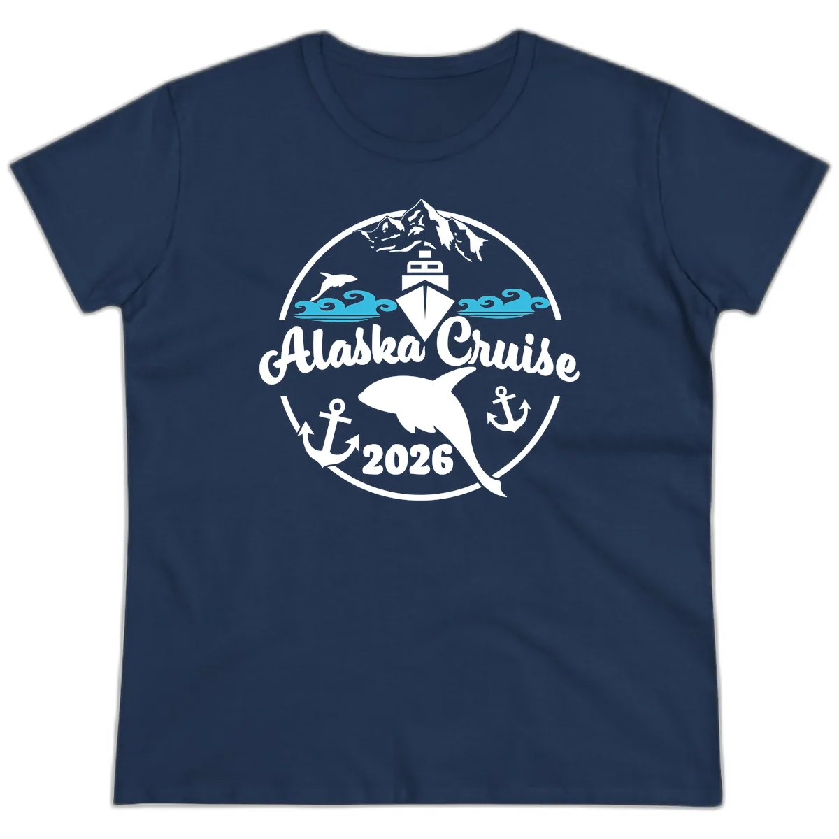 Stylized Blue Swirling Ocean Waves Graphic Ladies Tee in Navy