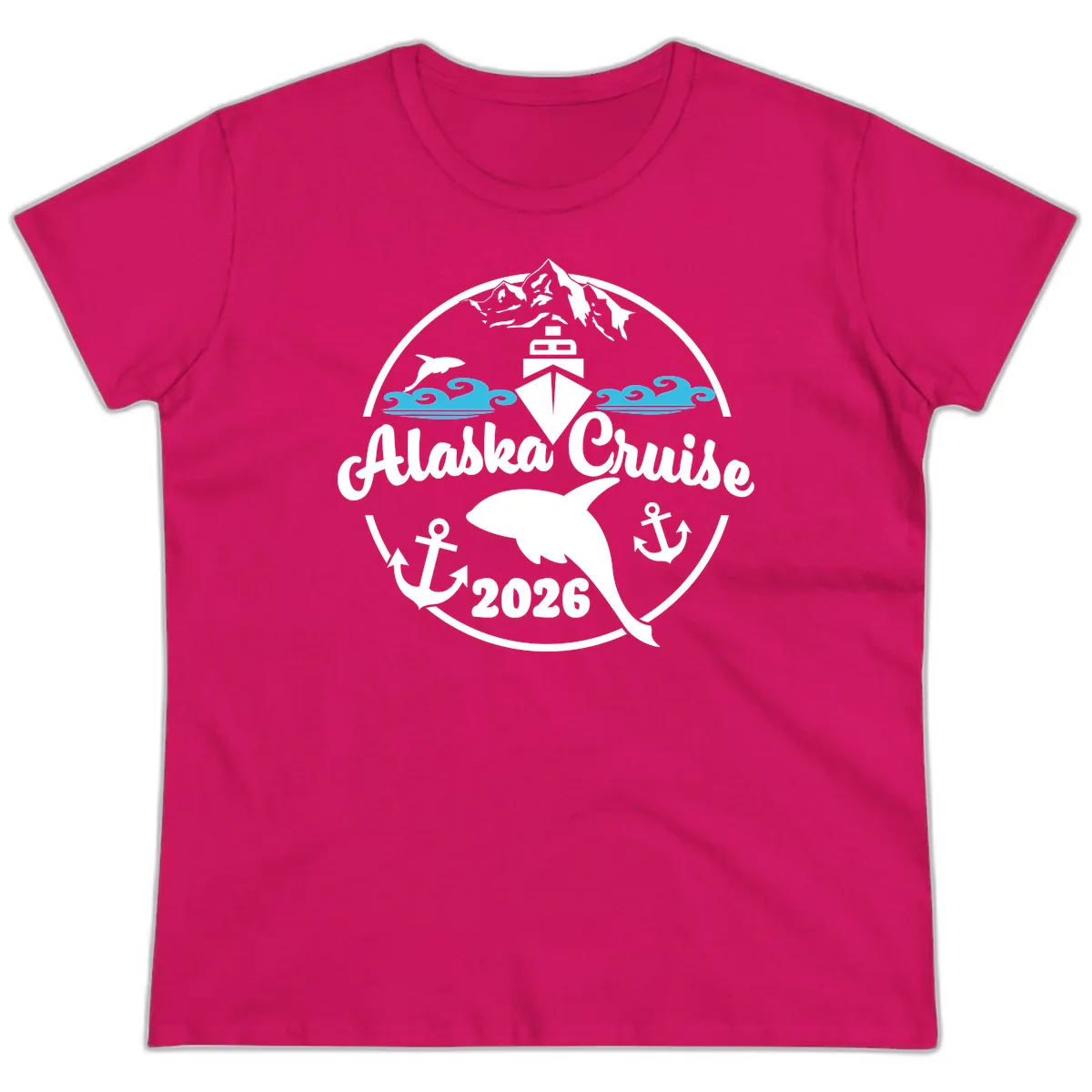 Stylized Blue Swirling Ocean Waves Graphic Ladies Tee in Heliconia