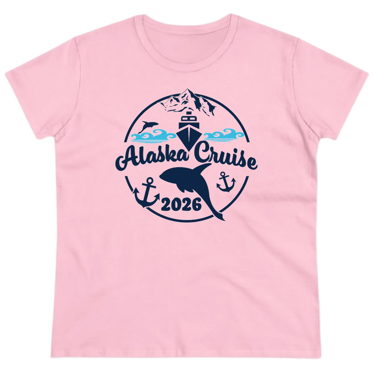 Stylized Blue Swirling Ocean Waves Graphic Ladies Tee in Light Pink