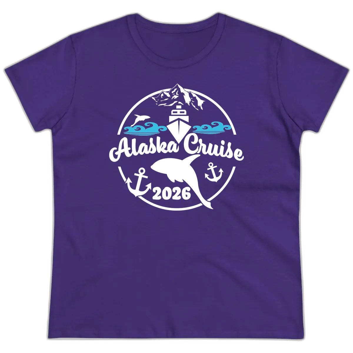 Stylized Blue Swirling Ocean Waves Graphic Ladies Tee in Purple