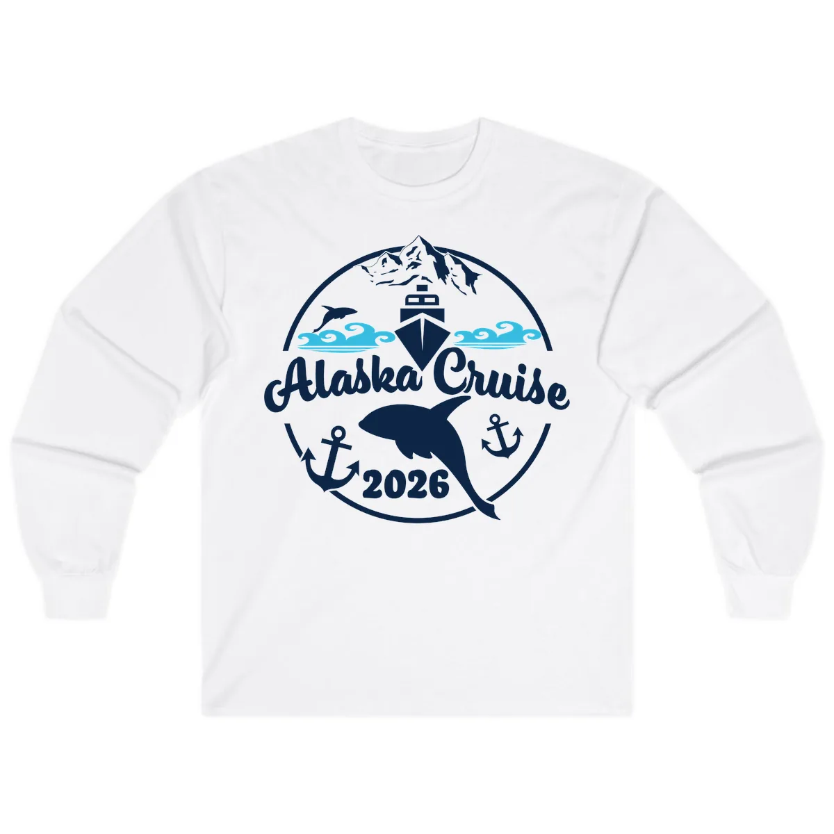 Stylized Blue Swirling Ocean Waves Graphic Long Sleeve in White