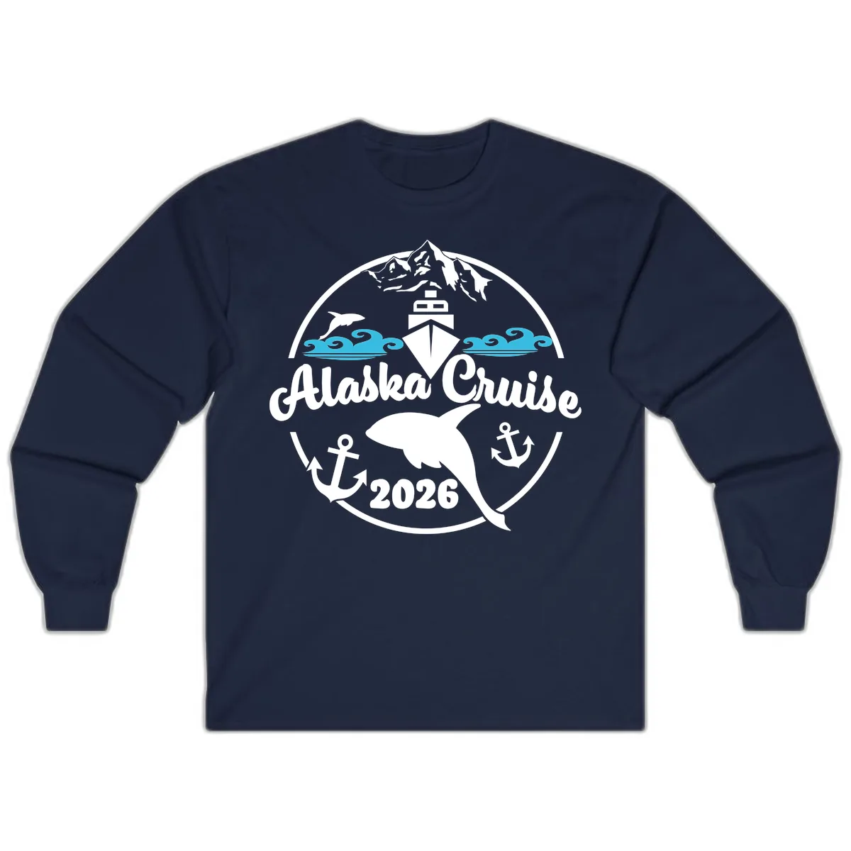Stylized Blue Swirling Ocean Waves Graphic Long Sleeve in Navy