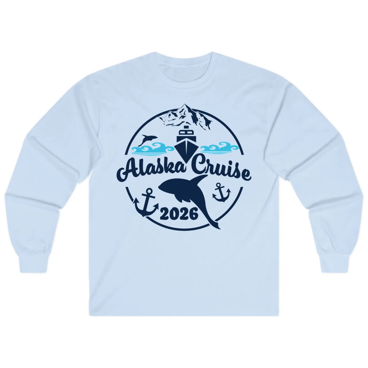 Stylized Blue Swirling Ocean Waves Graphic Long Sleeve in Light Blue