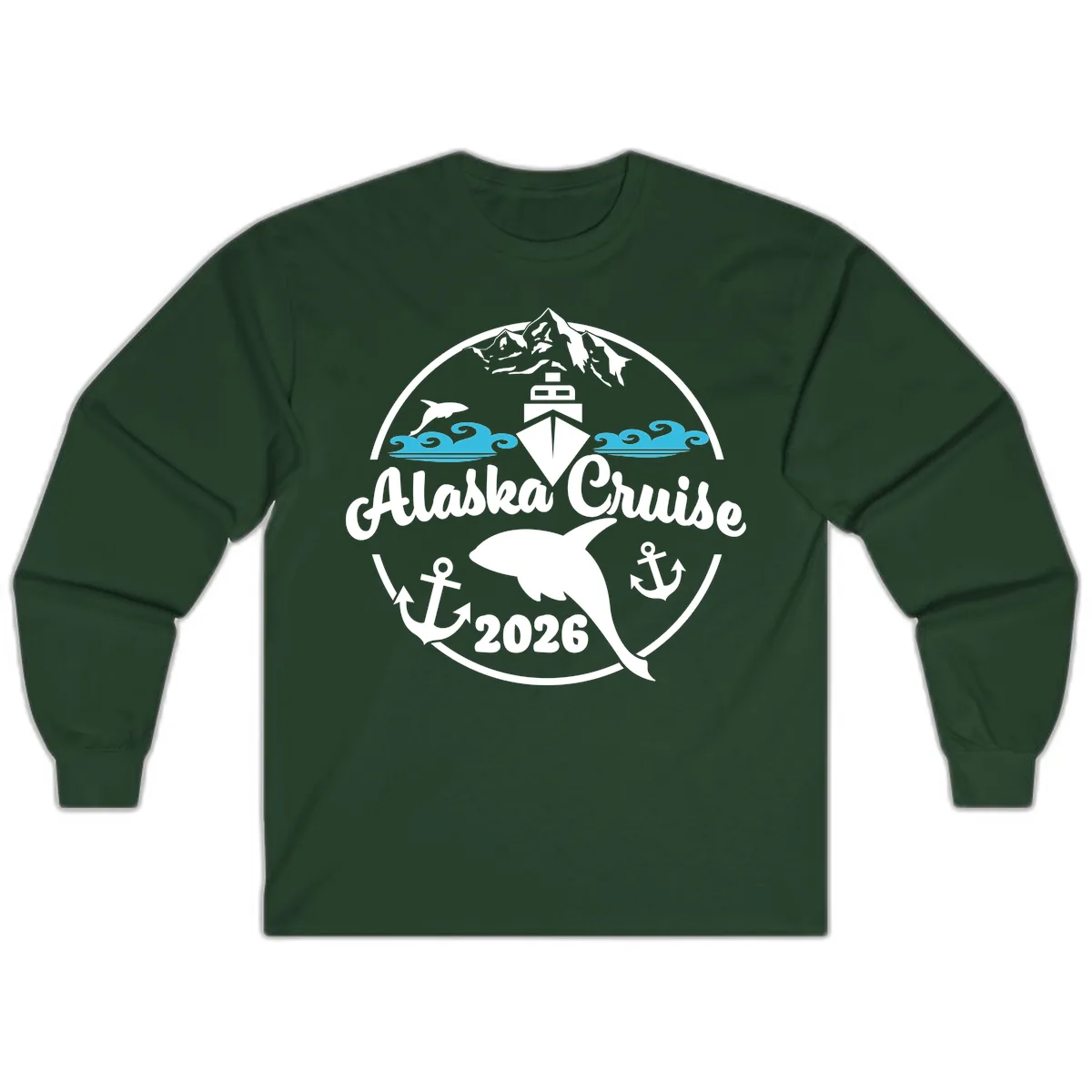 Stylized Blue Swirling Ocean Waves Graphic Long Sleeve in Forest Green