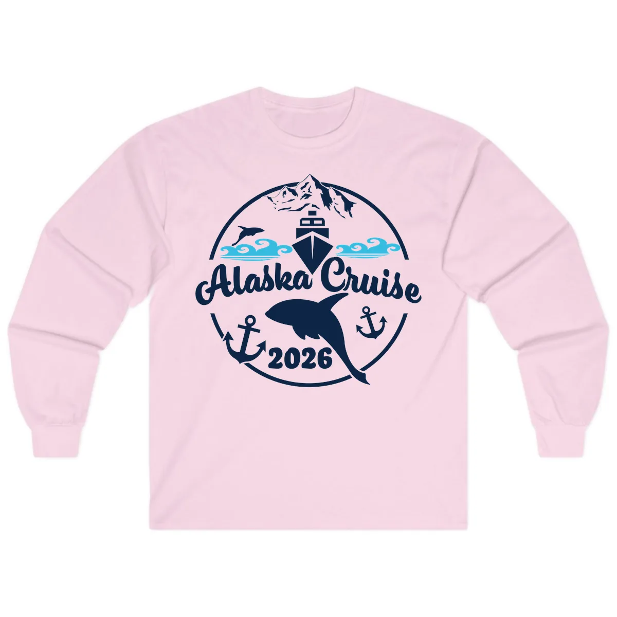 Stylized Blue Swirling Ocean Waves Graphic Long Sleeve in Light Pink