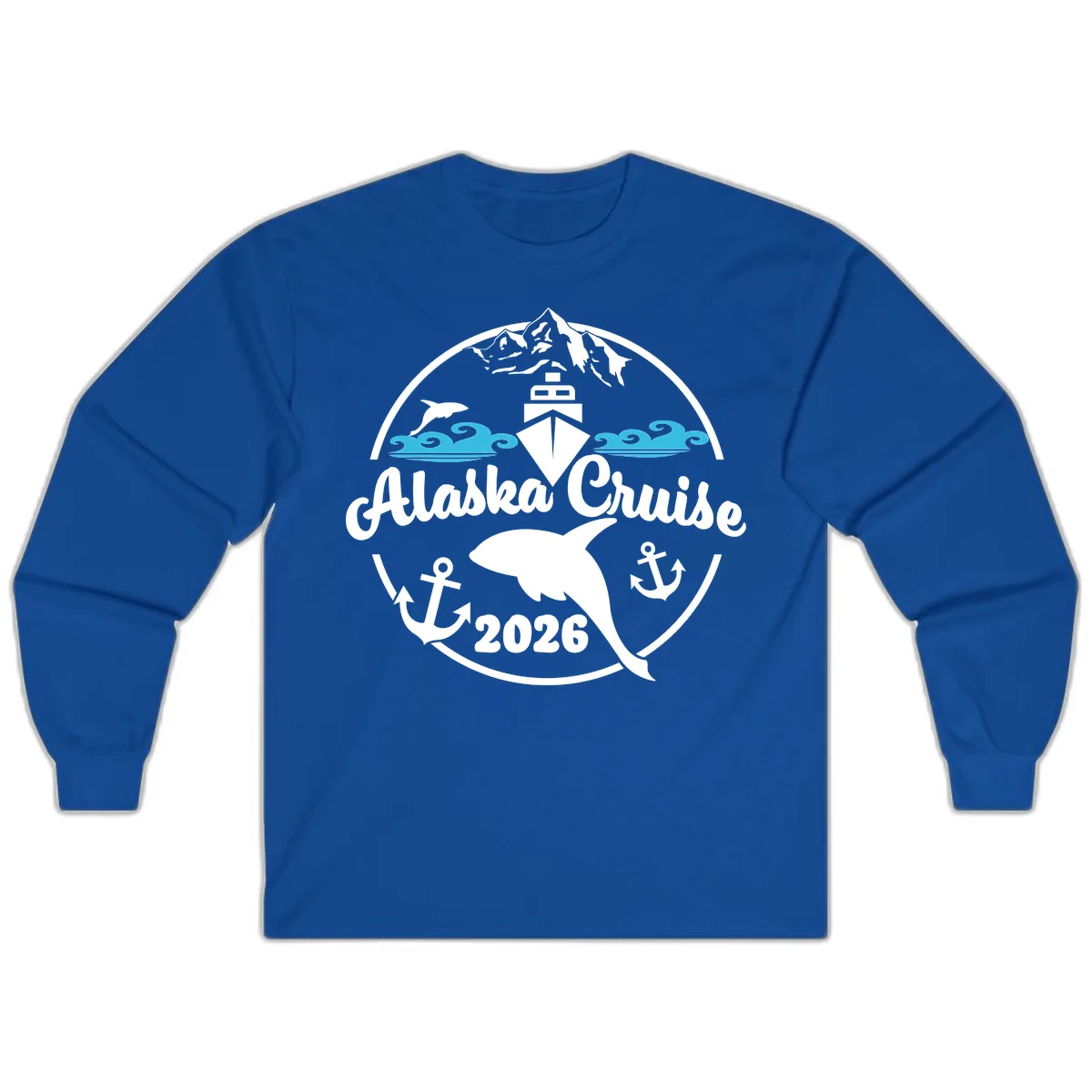 Stylized Blue Swirling Ocean Waves Graphic Long Sleeve in Royal