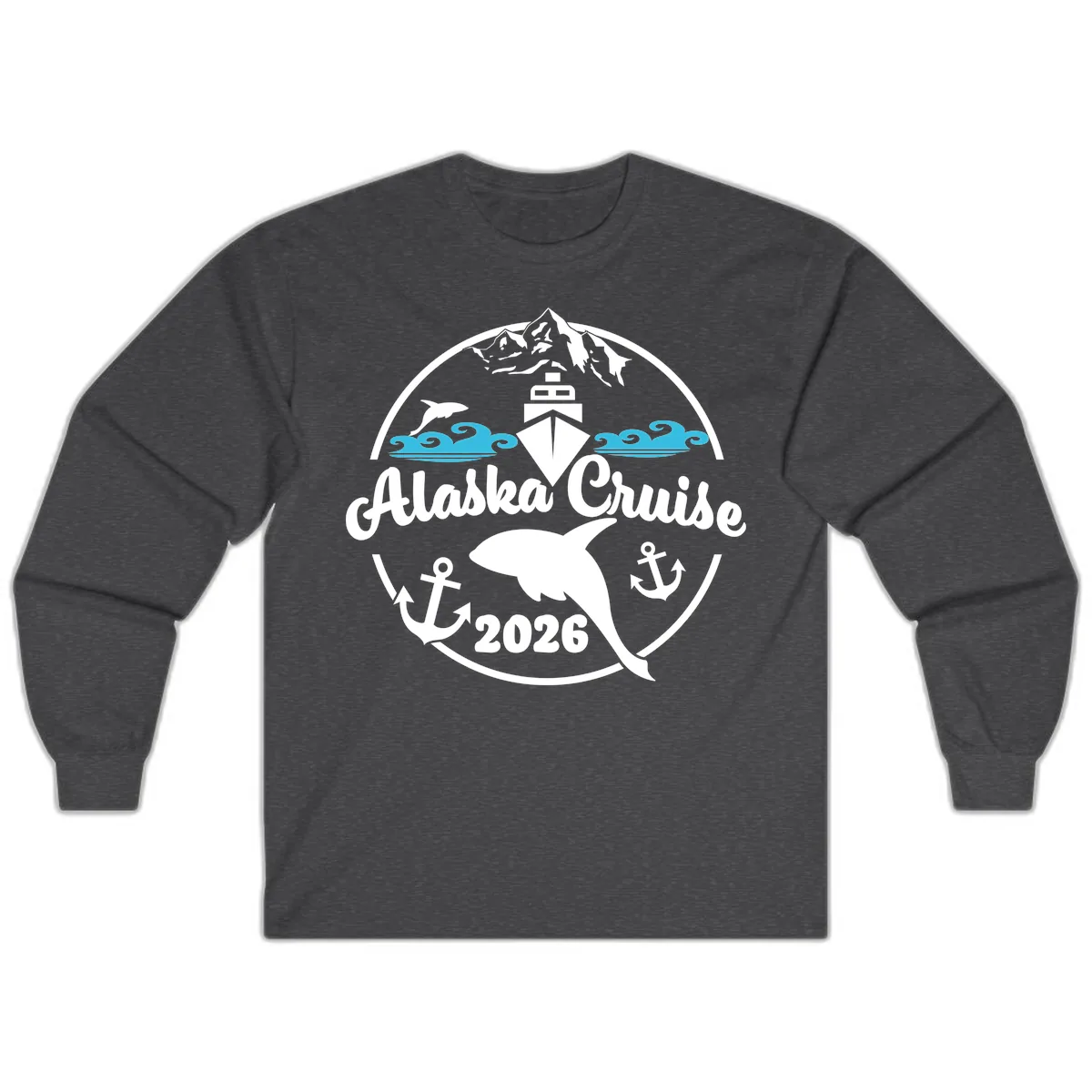 Stylized Blue Swirling Ocean Waves Graphic Long Sleeve in Dark Heather