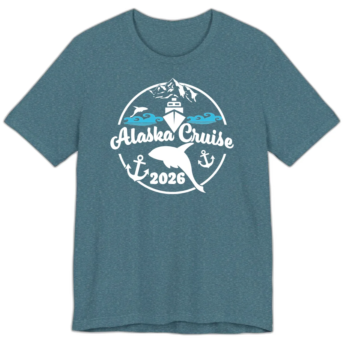 Stylized Blue Swirling Ocean Waves Graphic Premium T-Shirt in Heather Deep Teal