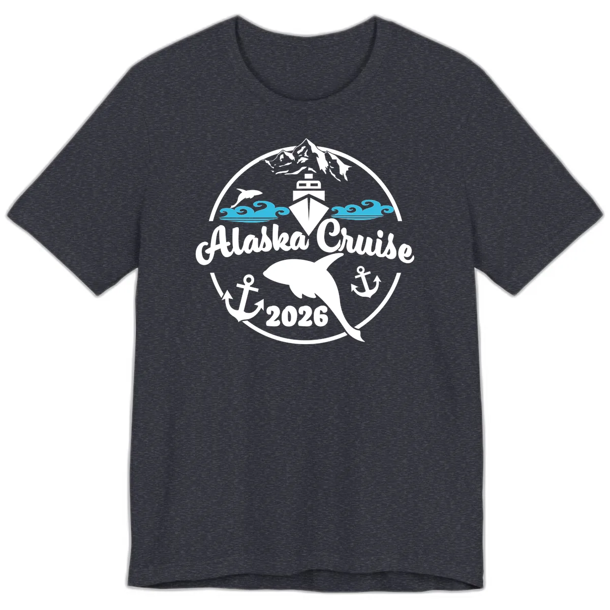 Stylized Blue Swirling Ocean Waves Graphic Premium T-Shirt in Heather Navy