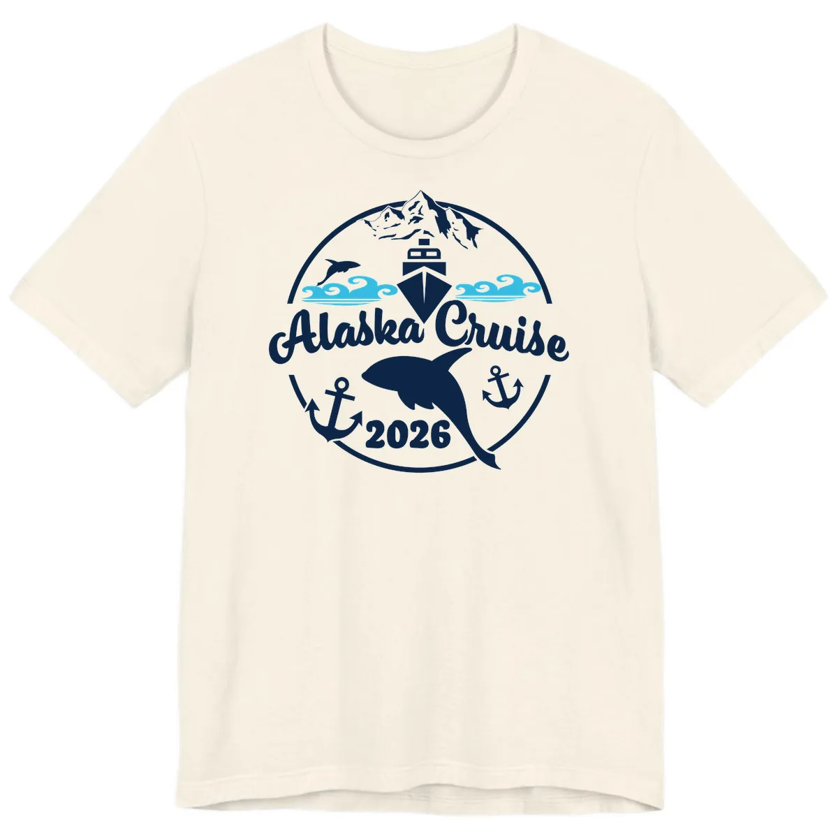 Stylized Blue Swirling Ocean Waves Graphic Premium T-Shirt in Natural