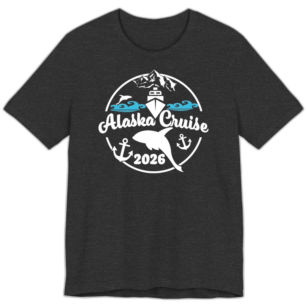 Stylized Blue Swirling Ocean Waves Graphic Premium T-Shirt in Dark Grey Heather
