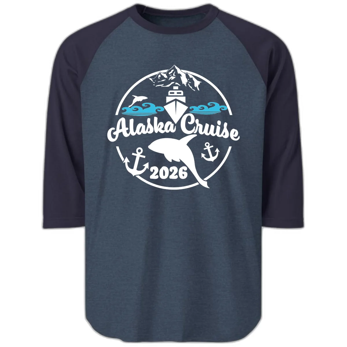 Stylized Blue Swirling Ocean Waves Graphic Raglan 3/4 in Heather Denim Navy
