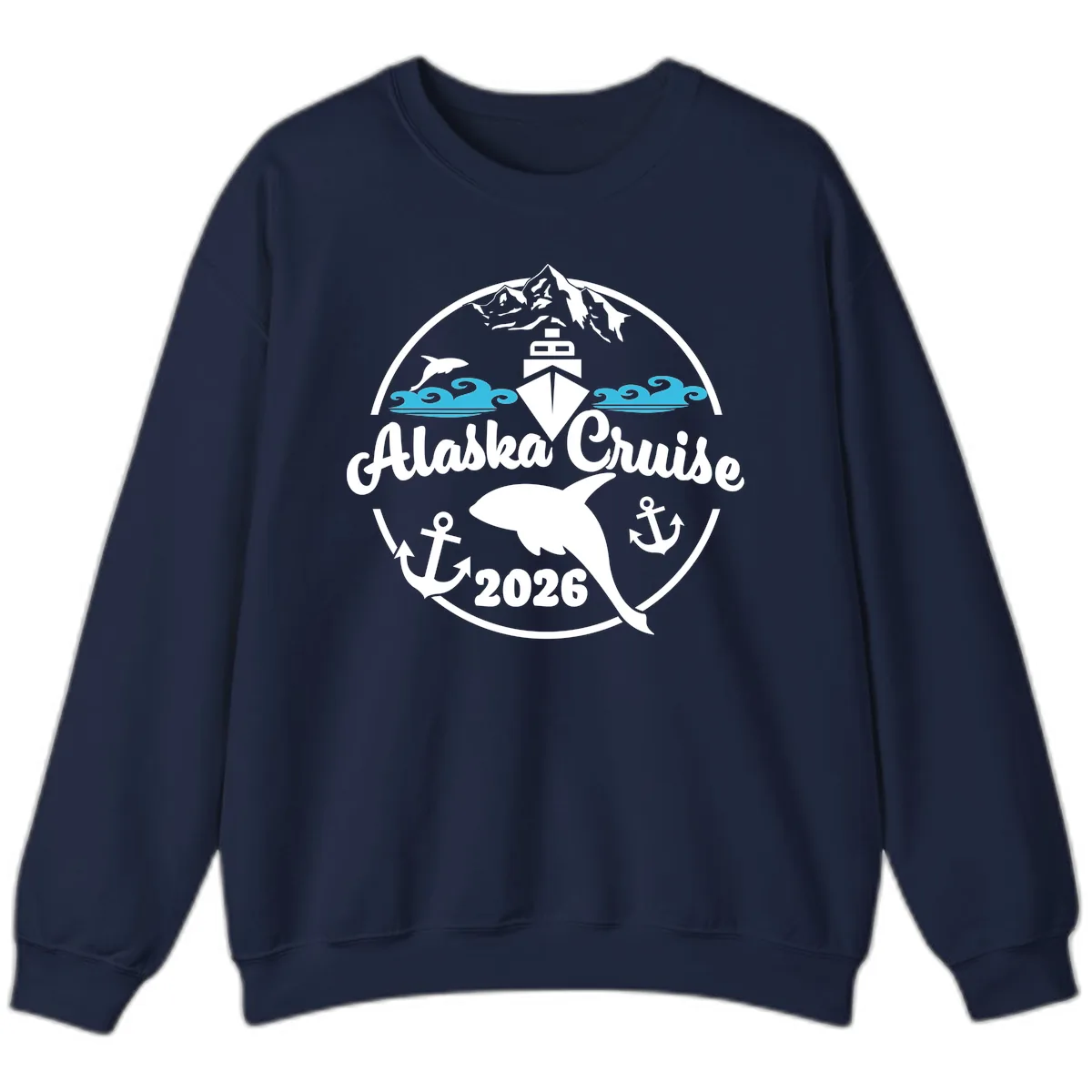 Stylized Blue Swirling Ocean Waves Graphic Sweatshirt in Navy