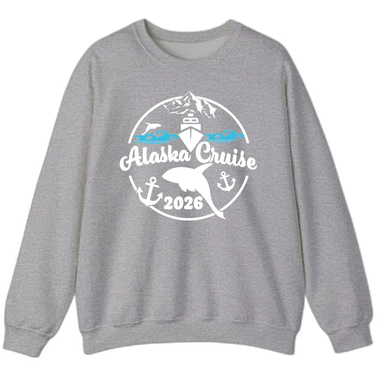 Stylized Blue Swirling Ocean Waves Graphic Sweatshirt in Sport Grey