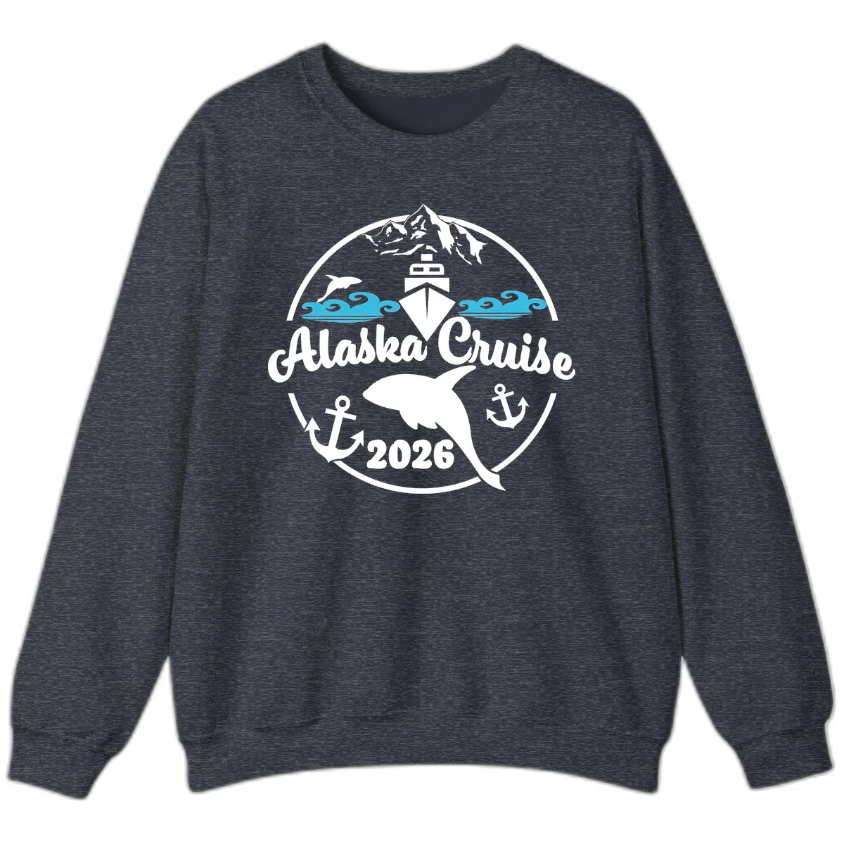 Stylized Blue Swirling Ocean Waves Graphic Sweatshirt in Heather Sport Dark Navy