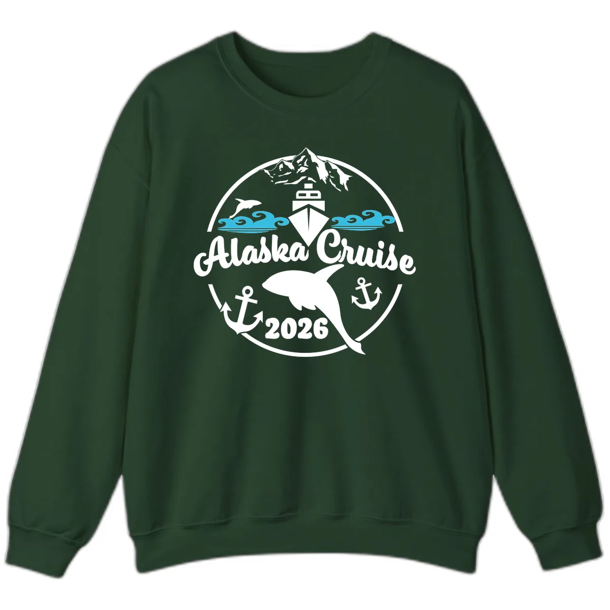 Stylized Blue Swirling Ocean Waves Graphic Sweatshirt in Forest Green