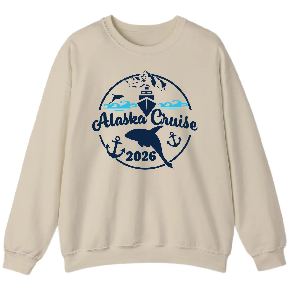 Stylized Blue Swirling Ocean Waves Graphic Sweatshirt in Sand