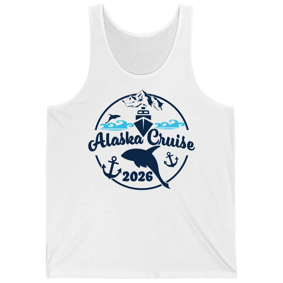Stylized Blue Swirling Ocean Waves Graphic Tank in White
