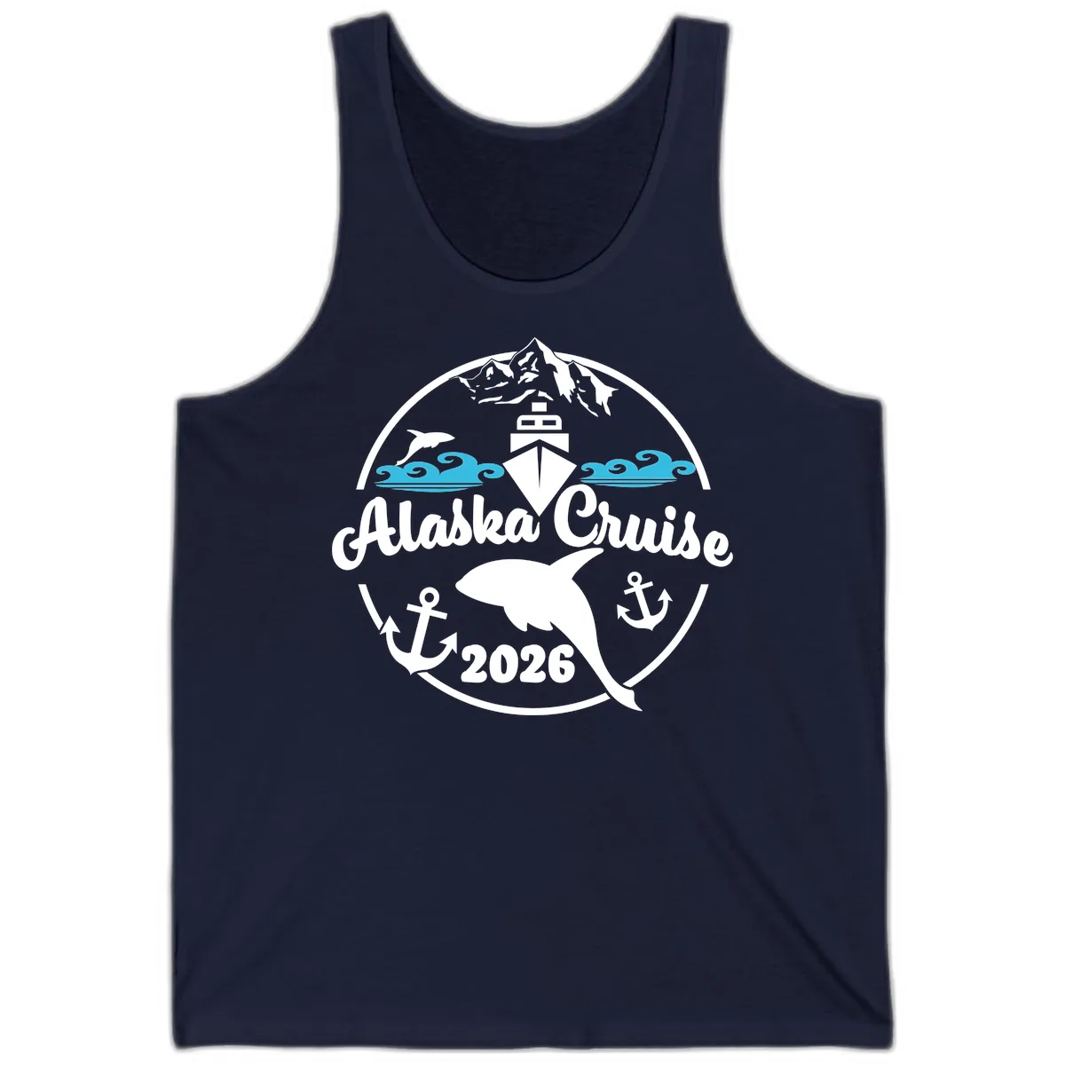 Stylized Blue Swirling Ocean Waves Graphic Tank in Navy