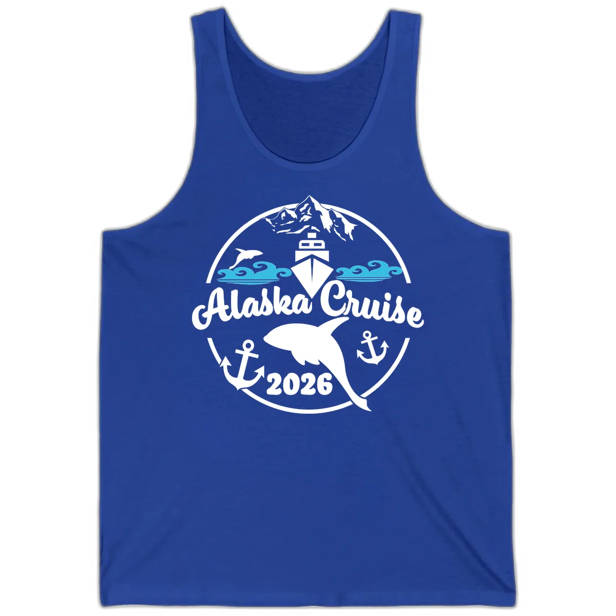 Stylized Blue Swirling Ocean Waves Graphic Tank in True Royal