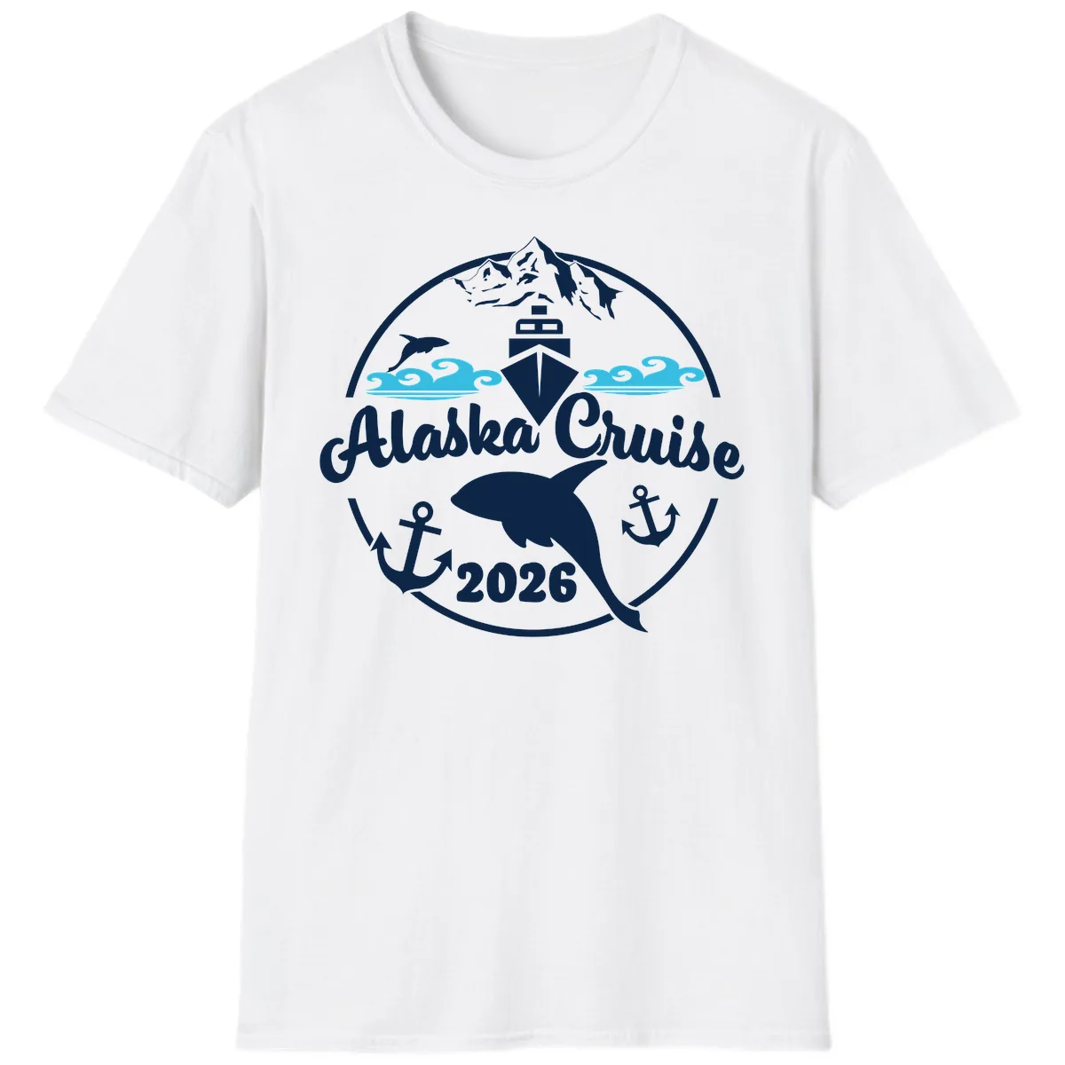 Stylized Blue Swirling Ocean Waves Graphic T-Shirt in White
