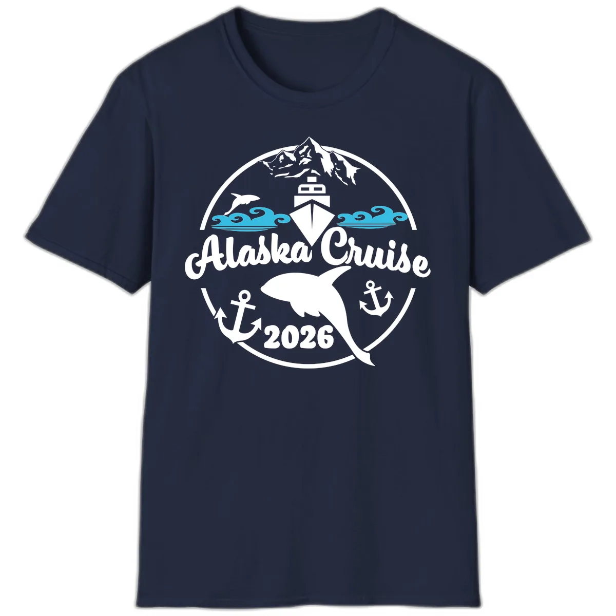 Stylized Blue Swirling Ocean Waves Graphic T-Shirt in Navy