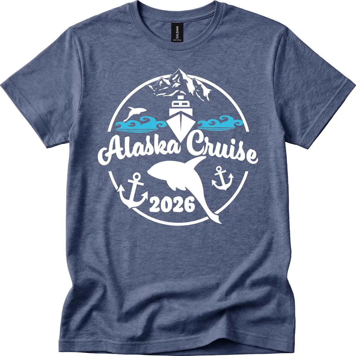 Stylized Blue Swirling Ocean Waves Graphic T-Shirt in Heather Navy