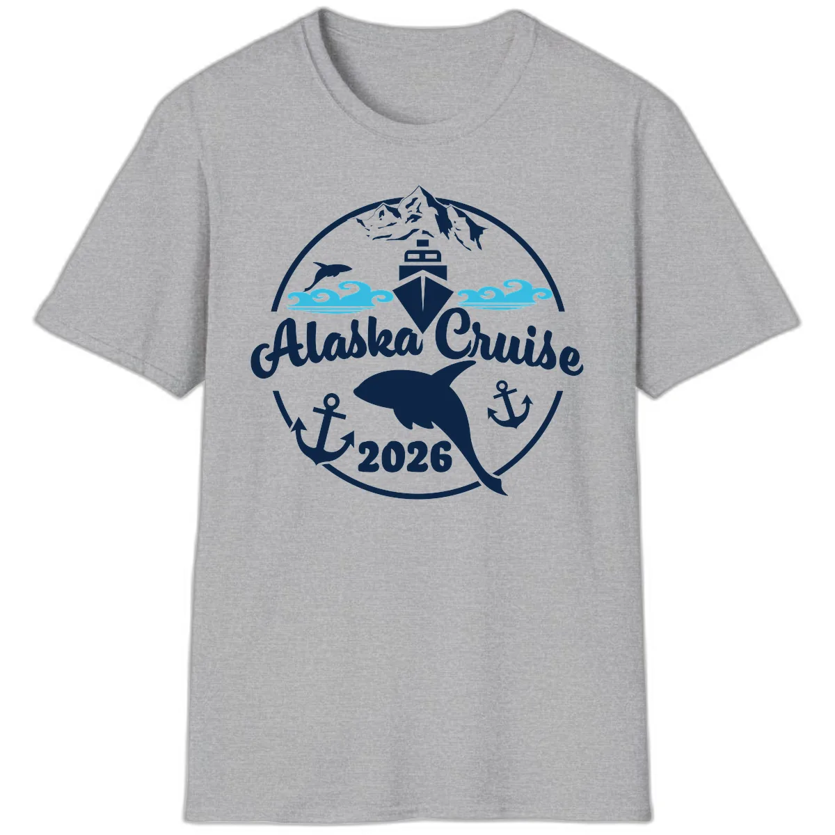 Stylized Blue Swirling Ocean Waves Graphic T-Shirt in Sport Grey