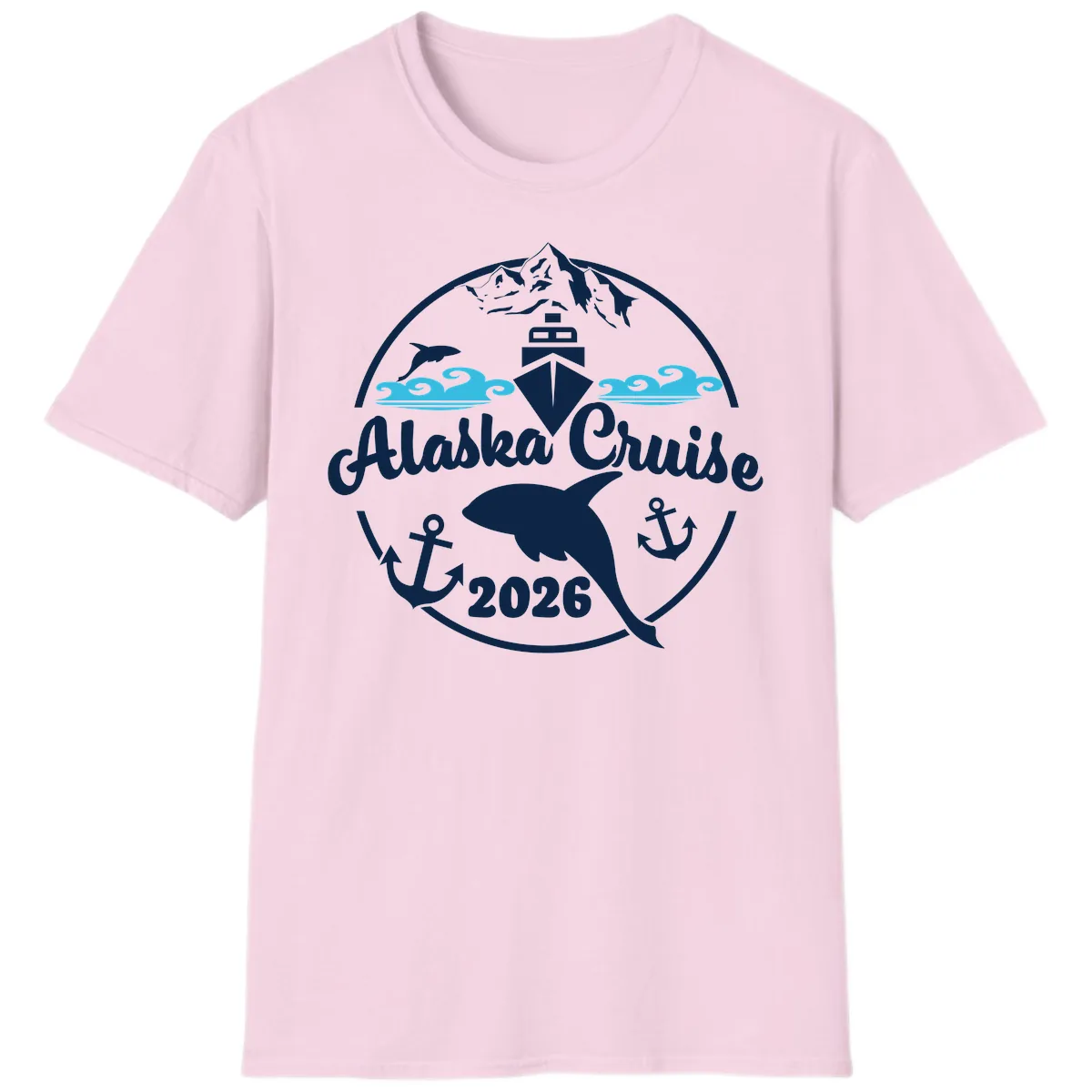 Stylized Blue Swirling Ocean Waves Graphic T-Shirt in Light Pink