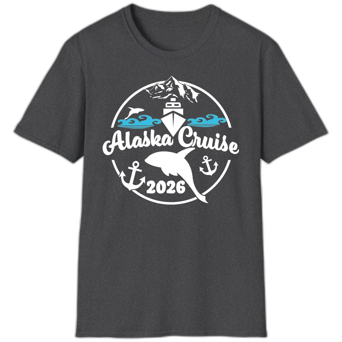 Stylized Blue Swirling Ocean Waves Graphic T-Shirt in Dark Heather