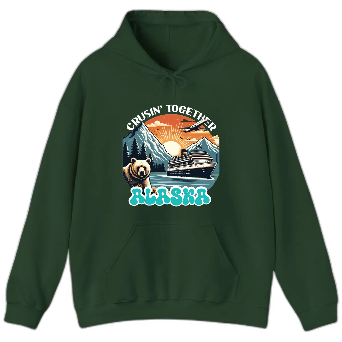 Crusin' Together Alaska Grizzly Scene Hoodie in Forest Green
