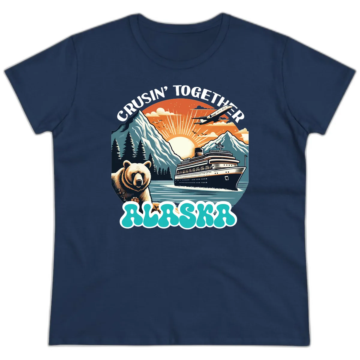 Crusin' Together Alaska Grizzly Scene Ladies Tee in Navy
