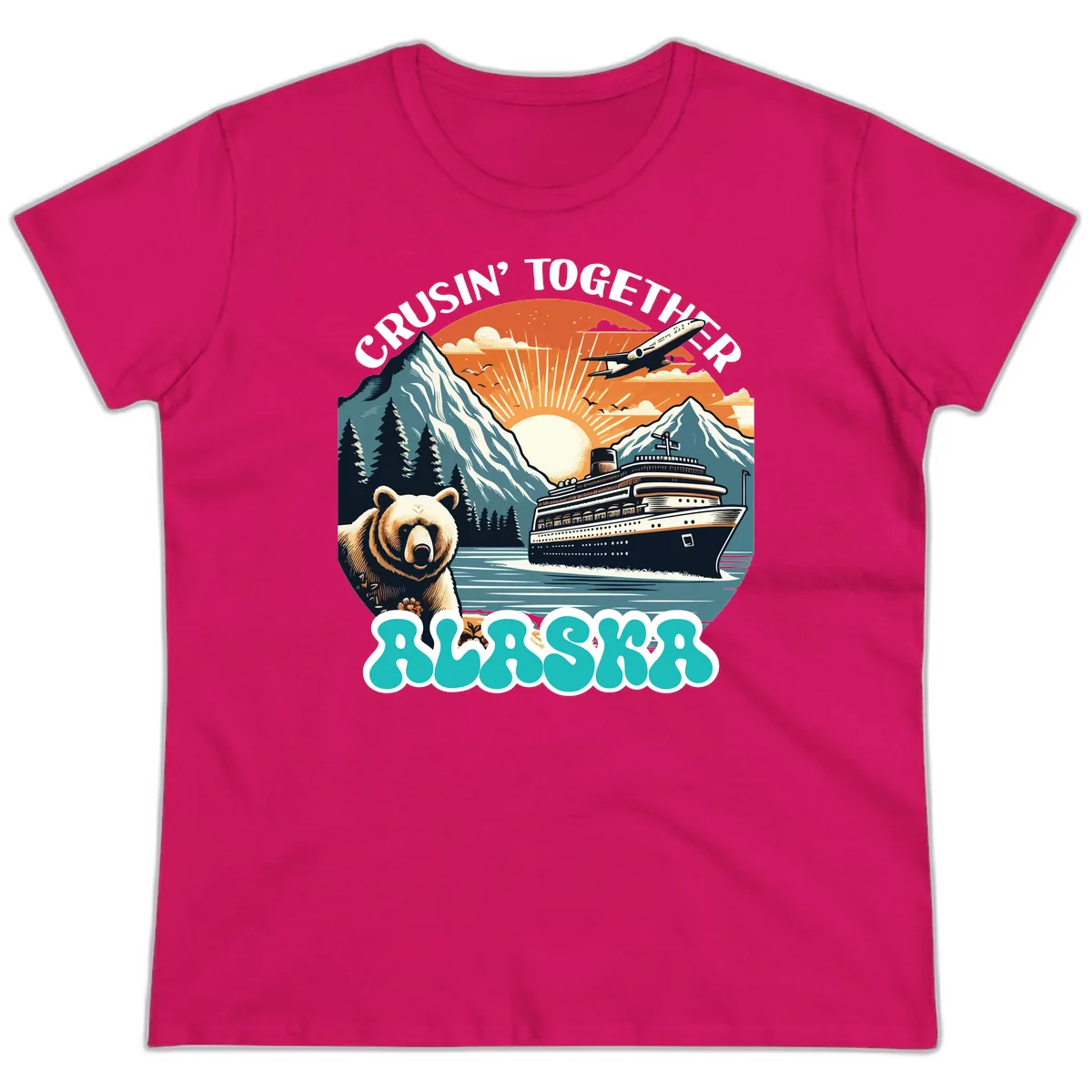 Crusin' Together Alaska Grizzly Scene Ladies Tee in Heliconia