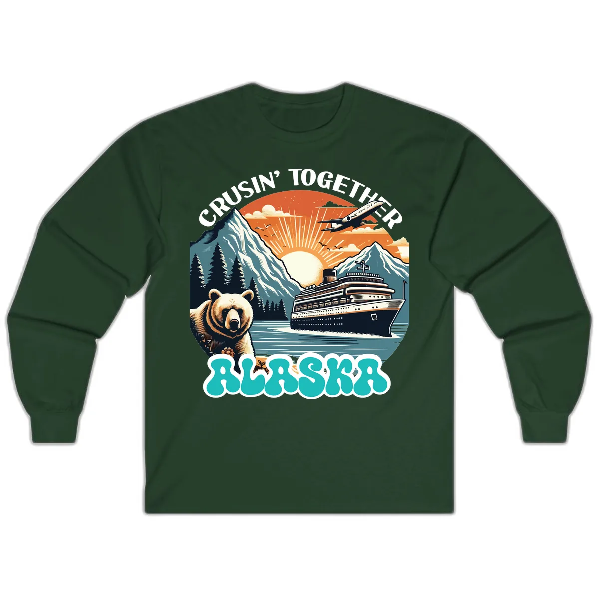 Crusin' Together Alaska Grizzly Scene Long Sleeve in Forest Green