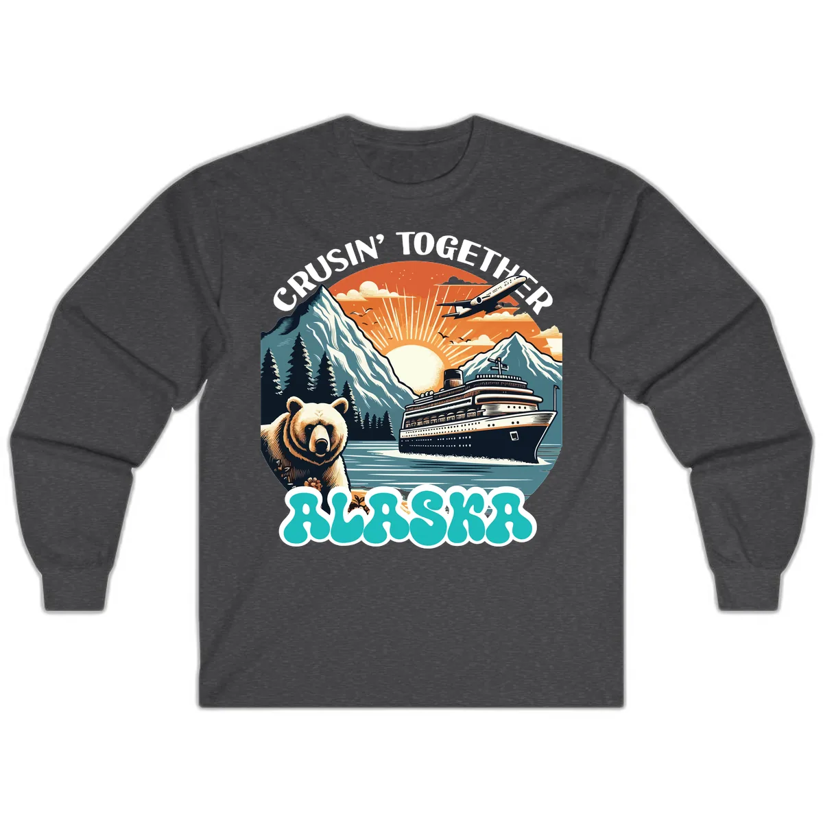 Crusin' Together Alaska Grizzly Scene Long Sleeve in Dark Heather