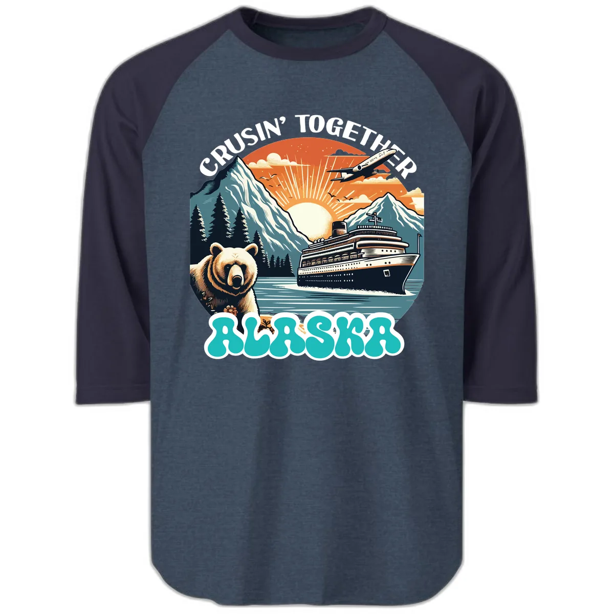 Crusin' Together Alaska Grizzly Scene Raglan 3/4 in Heather Denim Navy