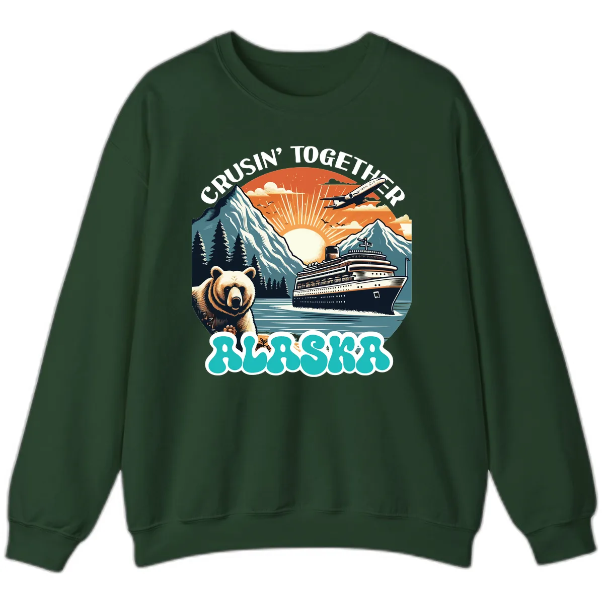 Crusin' Together Alaska Grizzly Scene Sweatshirt in Forest Green