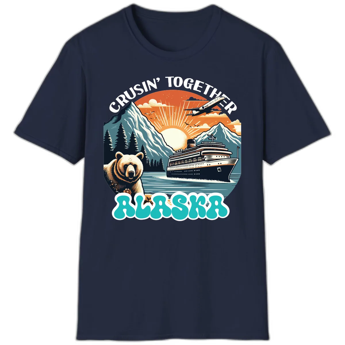 Crusin' Together Alaska Grizzly Scene T-Shirt in Navy