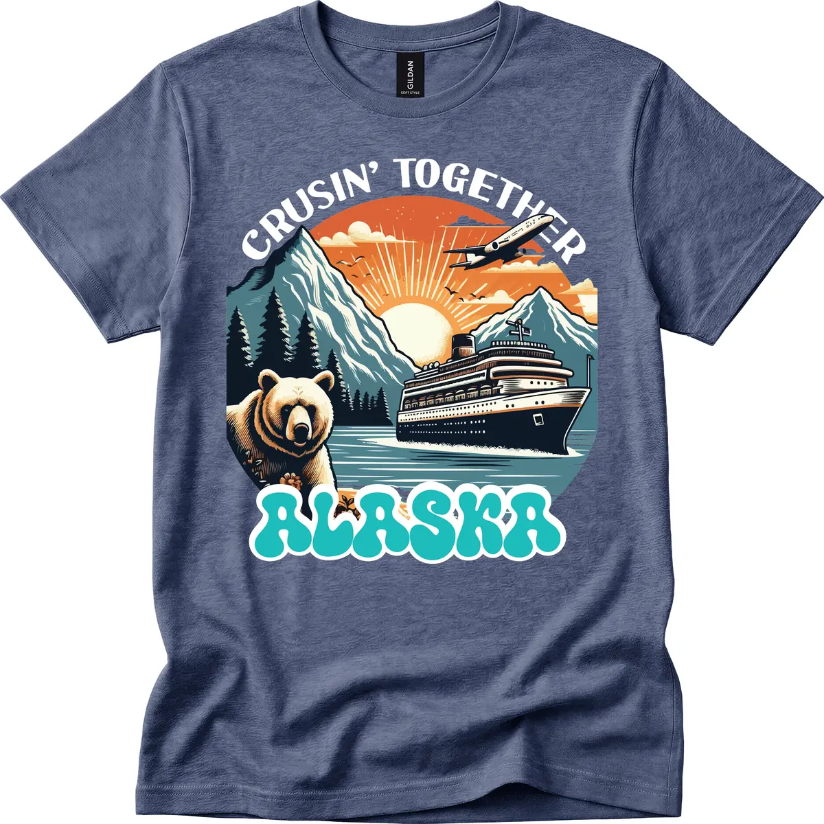 Crusin' Together Alaska Grizzly Scene T-Shirt in Heather Navy
