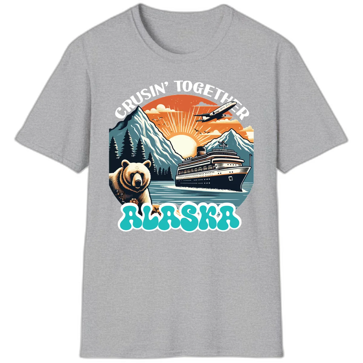 Crusin' Together Alaska Grizzly Scene T-Shirt in Sport Grey