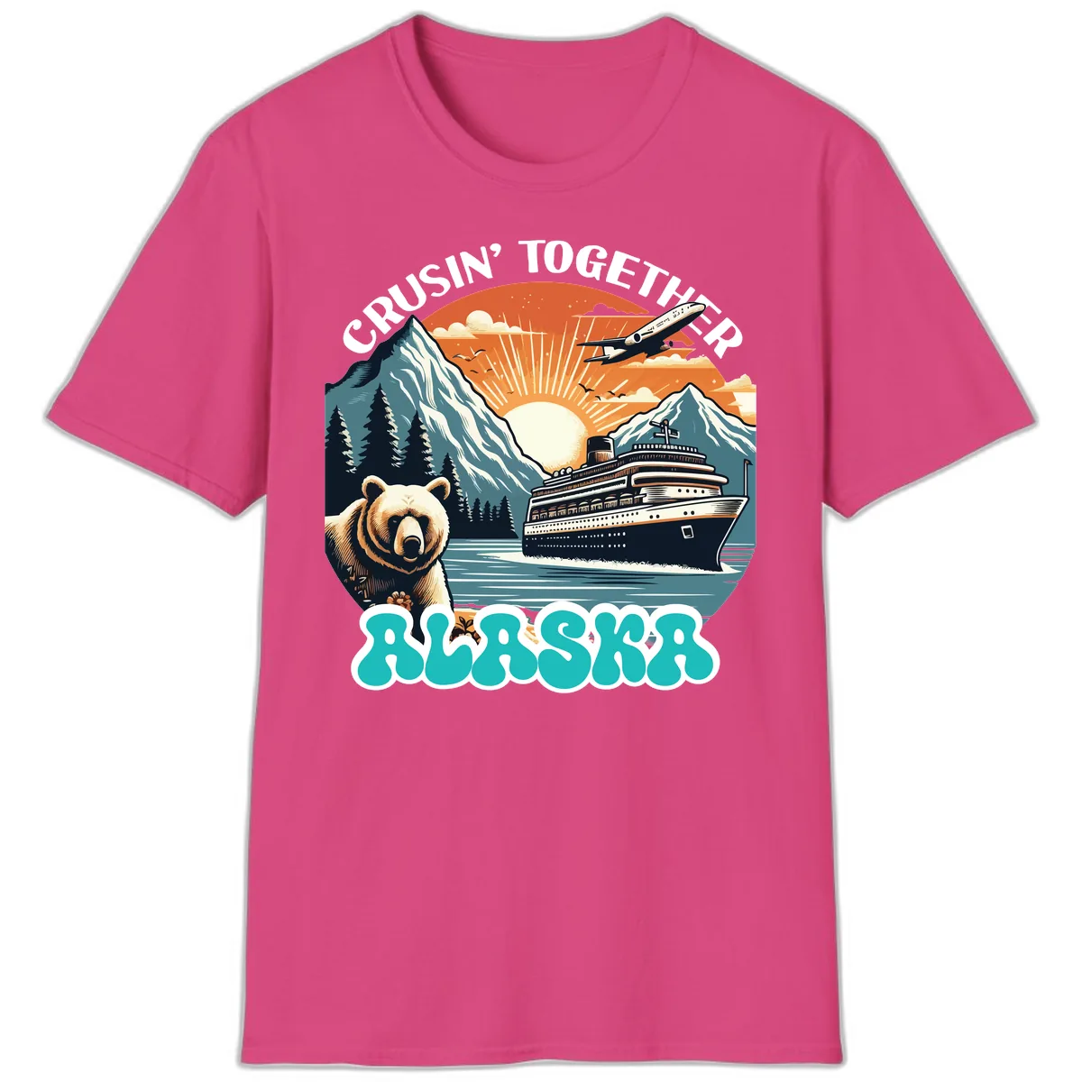 Crusin' Together Alaska Grizzly Scene T-Shirt in Heliconia