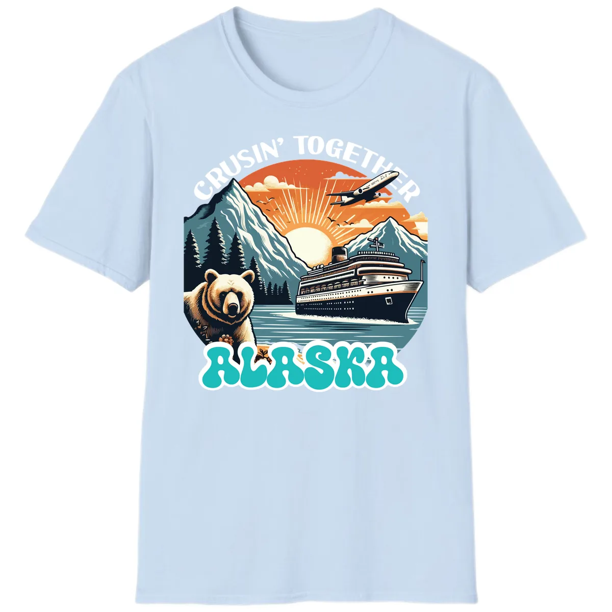 Crusin' Together Alaska Grizzly Scene T-Shirt in Light Blue