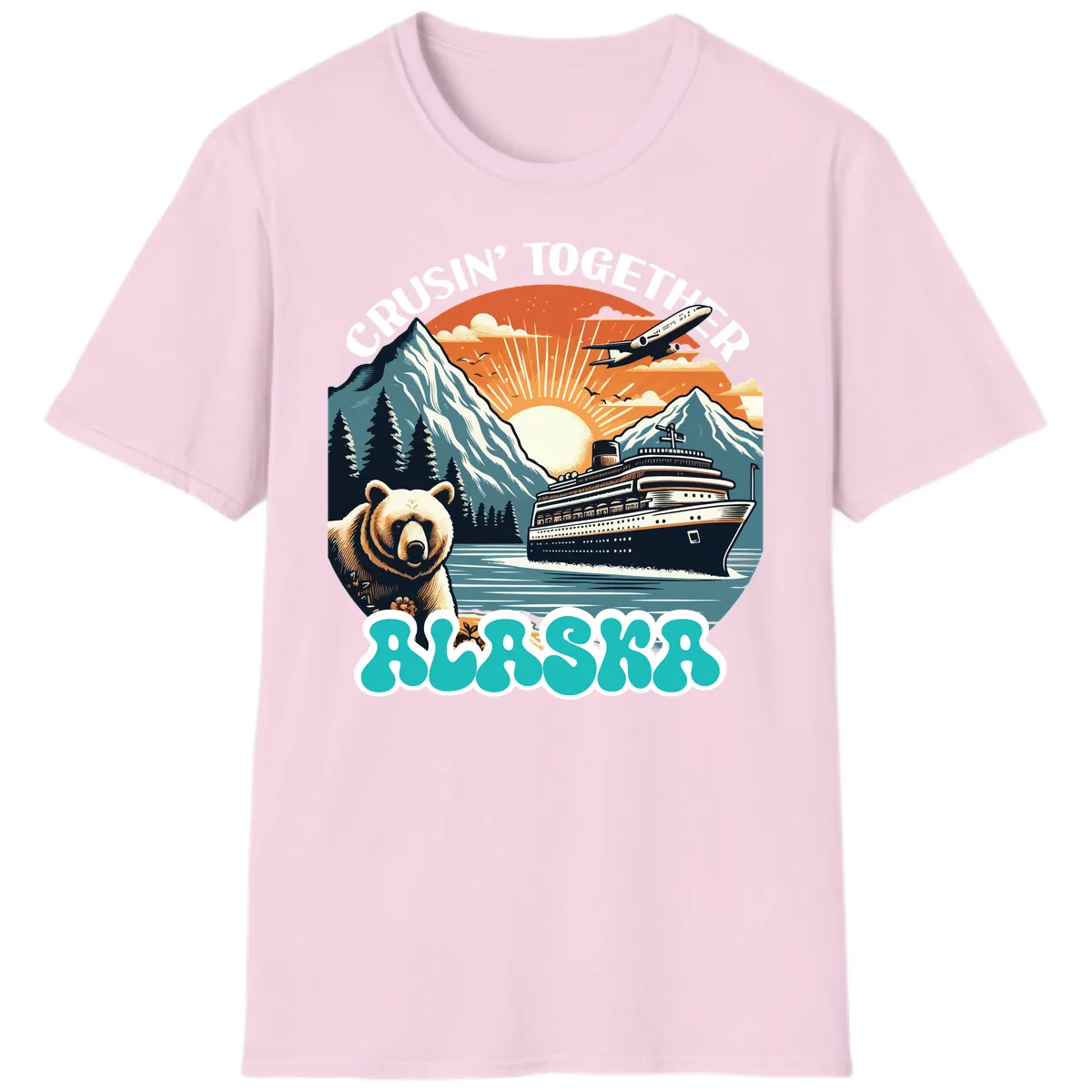 Crusin' Together Alaska Grizzly Scene T-Shirt in Light Pink