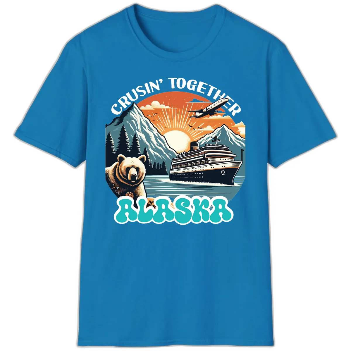 Crusin' Together Alaska Grizzly Scene T-Shirt in Sapphire