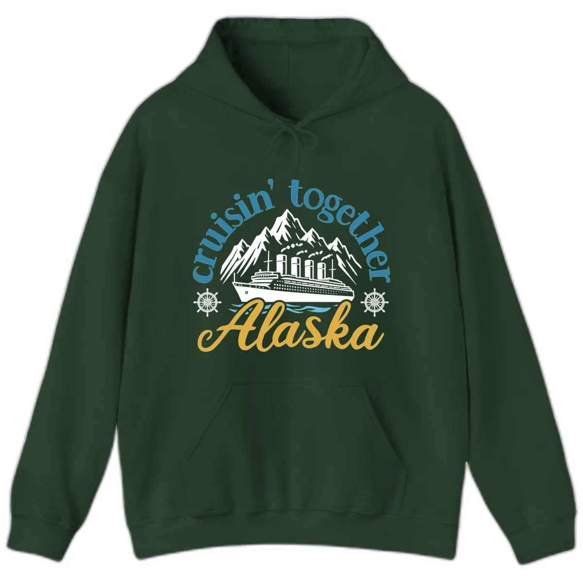 Cruisin Together Alaska Script Wave Design Hoodie in Forest Green