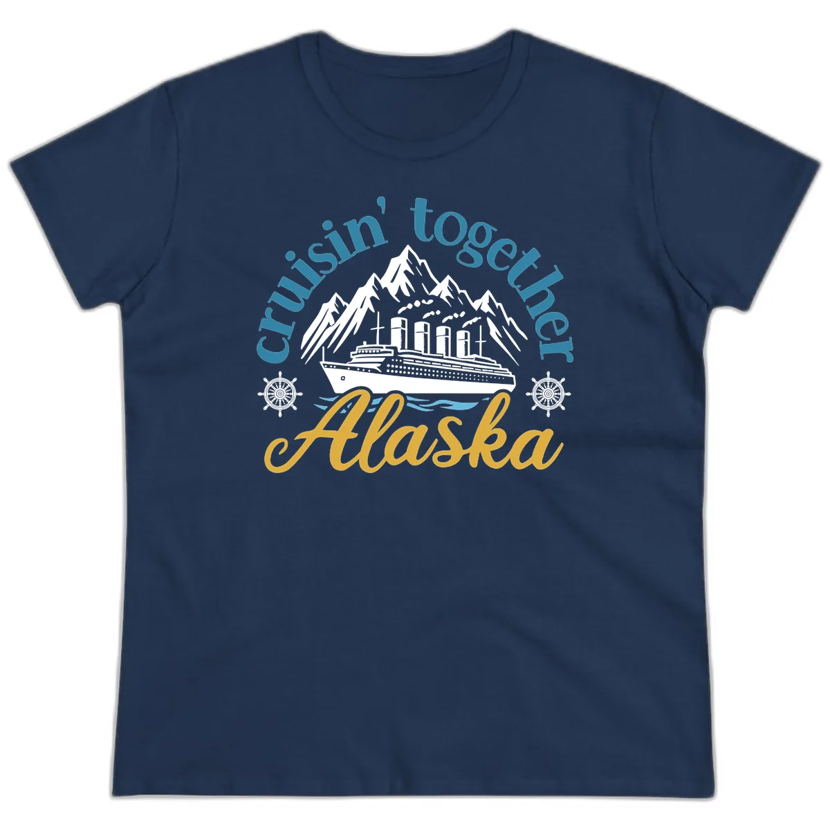 Cruisin Together Alaska Script Wave Design Ladies Tee in Navy