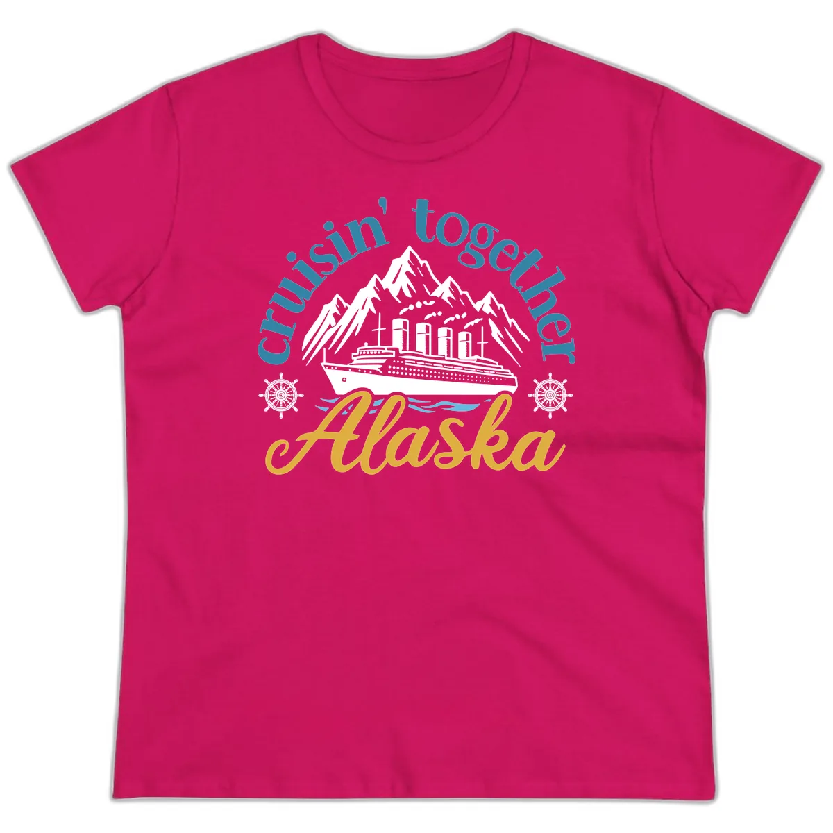 Cruisin Together Alaska Script Wave Design Ladies Tee in Heliconia