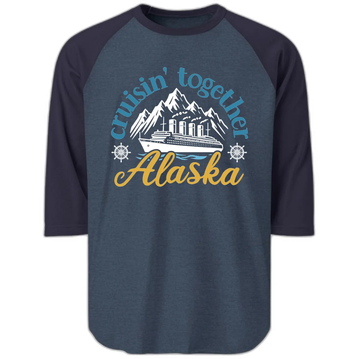 Cruisin Together Alaska Script Wave Design Raglan 3/4 in Heather Denim Navy